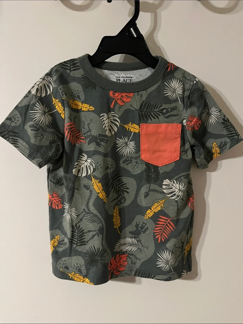 The Children's Place Olive Green Tropical Pocket Tee with Coral Accent